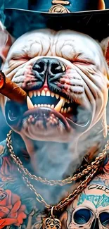 Bulldog with tattoos and cigar in smoky art style.
