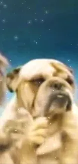 Charming bulldogs under a starry blue sky.