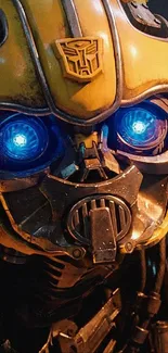 Bumblebee with glowing blue eyes on a yellow-themed wallpaper.