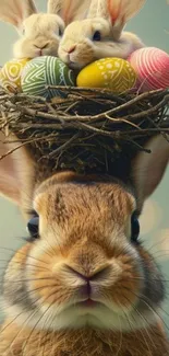 Cute bunny with Easter eggs and rabbits in nest.