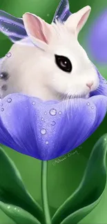 White bunny nestled in a lavender flower with green leaves.