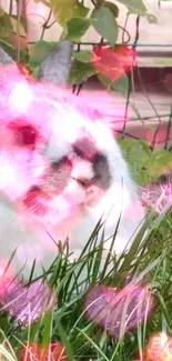 Cute bunny resting in grass with pink shimmering lights.