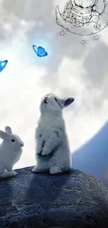 Two bunnies on a rock under a moonlit sky with butterflies.