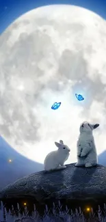 White bunnies under a full moon with butterflies in a blue night scene.