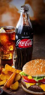 Burger with fries and a Coca-Cola bottle.