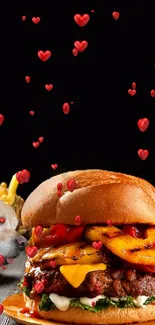 Burger with grilled cheese and fries on a rustic table.