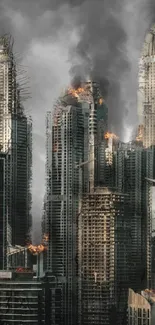 Futuristic city skyscrapers on fire with dramatic smoke and flames.