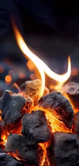 Close-up of glowing coals with bright flames.