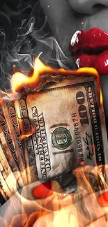 Mobile wallpaper with burning dollars and red lips.