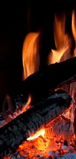 Mobile wallpaper of burning logs with vibrant orange flames.