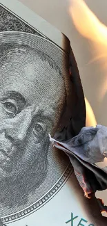 Burning dollar bill with flames showing artistic flair.