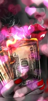 Burning dollar bills with red lips and hearts background.