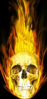 Fiery skull with vivid flames on a dark background wallpaper.