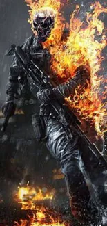 Soldier engulfed in flames on dark background.