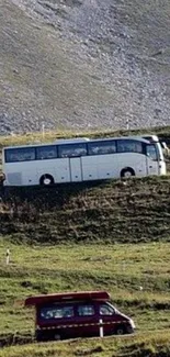 Buses traveling through lush green hills, nature background.