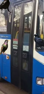 Blue bus with colorful birds perched on its doors in an urban setting.