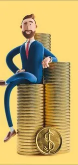 Cartoon businessman sitting on gold coins with yellow background.