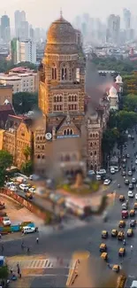 Cityscape view with iconic architecture and bustling traffic.