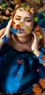 Woman with butterflies in blue dress amidst autumn leaves.