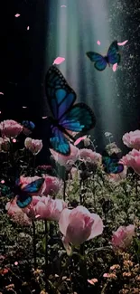 Blue butterflies flying over pink flowers in soft sunlight.