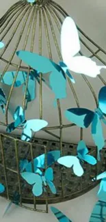 Blue butterflies on a rustic cage wallpaper.