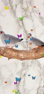 Birds on a branch with colorful butterflies on marble background.