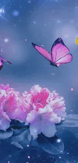 Enchanting wallpaper with butterflies and pink flowers on a starry blue background.