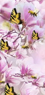 Butterflies gently landing on vibrant pink flowers.