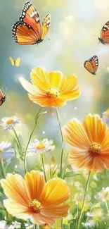 Colorful butterflies flying above orange and white flowers in bloom.
