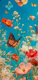 Vibrant wallpaper with butterflies and flowers against a blue sky.