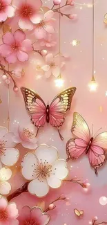 Butterflies flutter around cherry blossoms in a pastel pink dreamscape.