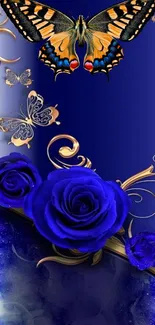 Artistic wallpaper with blue roses and butterflies.