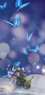 Blue butterflies above open book on dreamy purple background.