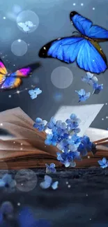 Colorful butterflies hover over an open book on a serene blue-themed wallpaper.