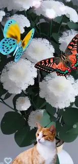 Mobile wallpaper with butterflies, a cat, and white flowers.