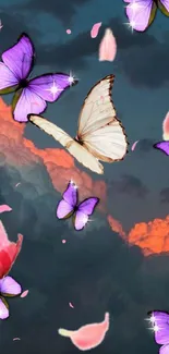 Mobile wallpaper with butterflies and clouds, accented by pink petals.