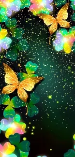 Colorful glowing butterflies and clovers on dark background.