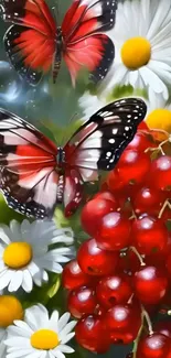 Vibrant wallpaper with butterflies, daisies, and berries