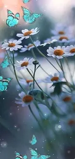 Teal butterflies fluttering around daisies against a blurred background.