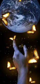 Hand reaching for butterflies with Earth above.