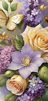 Butterflies fluttering over pastel flowers in elegant design.