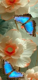 Two blue butterflies on floral background with petals and leaves.