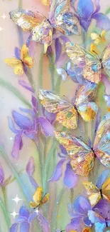 Artistic wallpaper with butterflies and flowers in pastel colors.