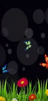 Colorful butterflies and flowers on a black background wallpaper.