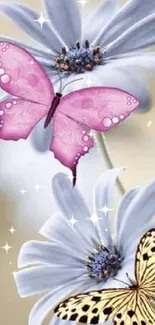 Pink and spotted butterflies on pastel flowers.