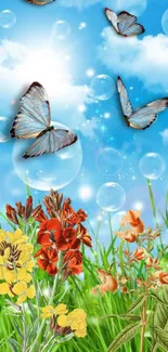 Mobile wallpaper with butterflies and colorful flowers under a bright blue sky.