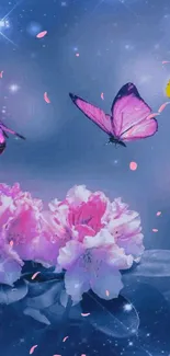 Vibrant butterflies with pink flowers on a starry blue background.