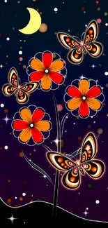 Mobile wallpaper with butterflies and flowers under a neon night sky.