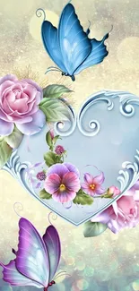 Floral wallpaper with butterflies and heart-shaped elements in pastel colors.