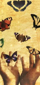 Artistic wallpaper of hands releasing butterflies on an earthy background.